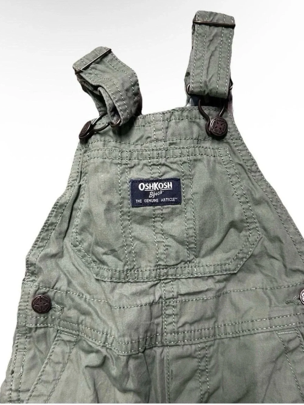 Oshkosh B’gosh Green Khaki Overalls Plaid Lining Size 18-24 Months